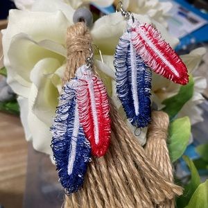 Handmade Embroidered FSL Boho Feather Earrings Red White and Blue